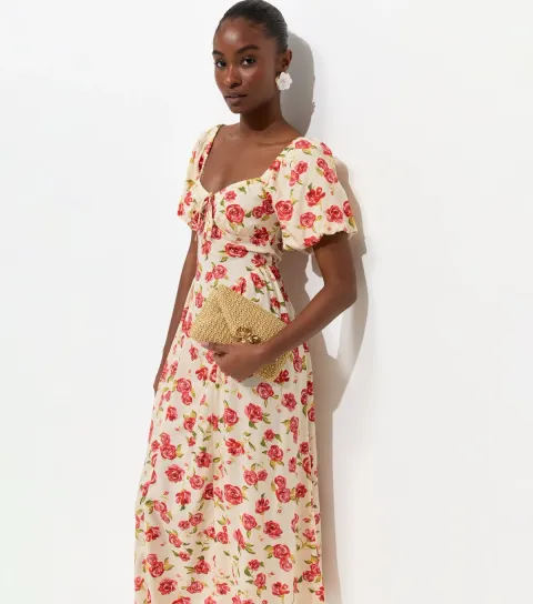 Women's White Rose Print Fitted Waist Milkmaid Midi Dress