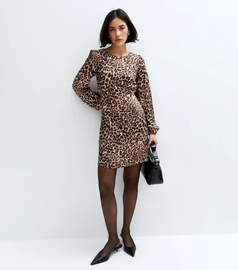 New Look Women's Brown Leopard Print Satin Mini Dress