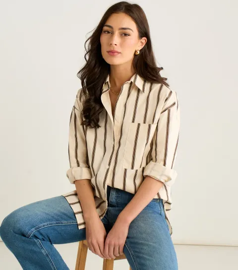 Women's Cream Thin Stripe Button Through Shirt