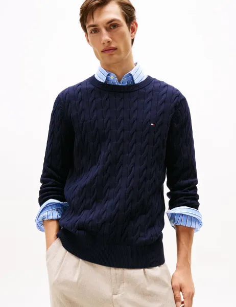 Tommy Hilfiger Pure Cotton Cable Knit Crew Neck Jumper Navy