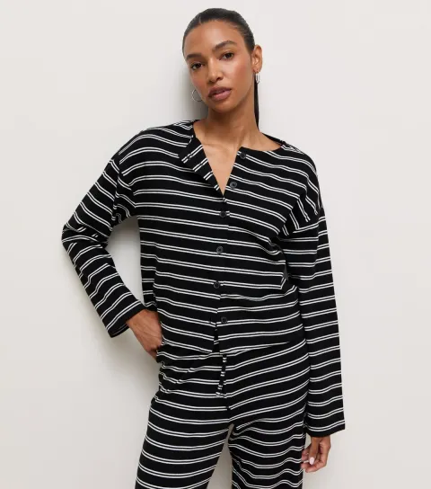 Women's Black Cotton Rich Stripe Button Through Long Sleeve Top