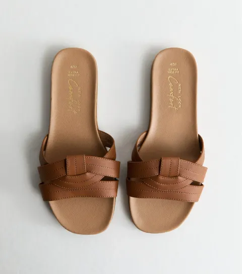 New Look Women's Extra Wide Fit Tan Interwoven Strap Faux Leather Mules Vegan