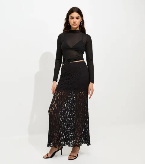 Women's Black Sheer Lace Midi Skirt