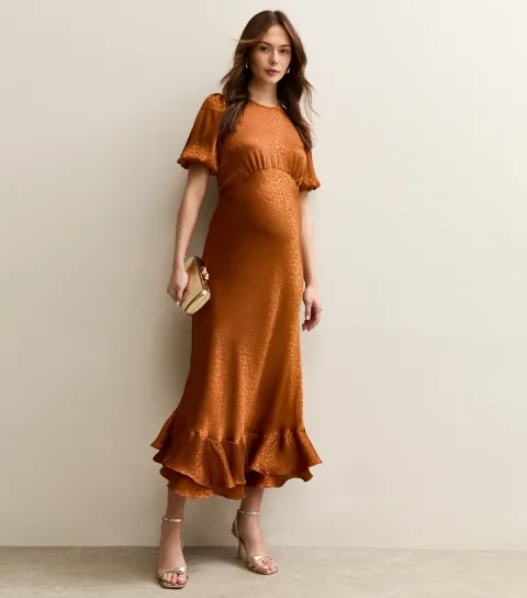 Women's Maternity Orange Feather Jacquard Satin Midi Dress