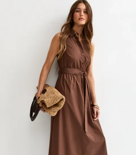 New Look Women's Dark Brown Sleeveless Button Up Midi Shirt Dress