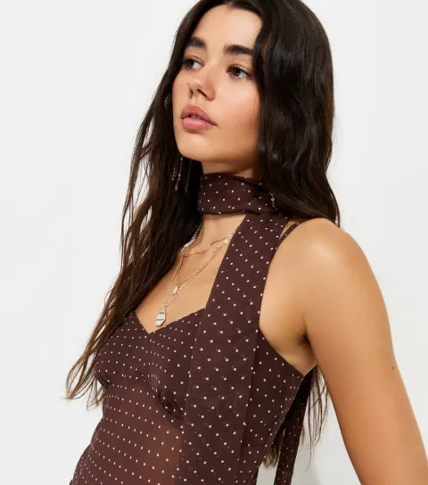 Women's Brown Semi Sheer Spot Print Scarf Cami Top