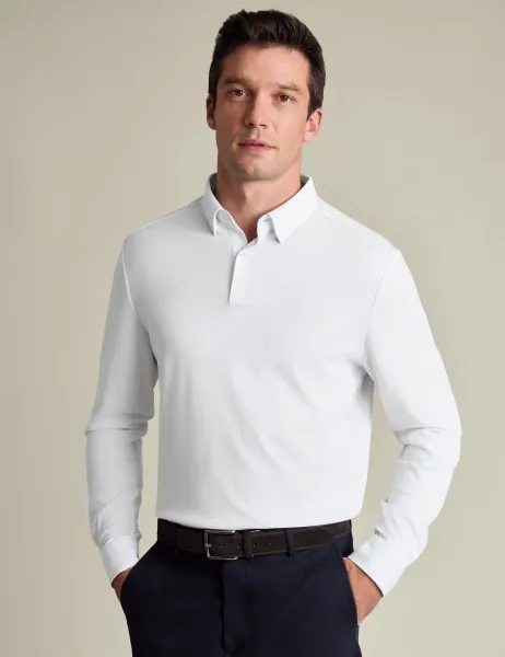 Charles Tyrwhitt Pure Cotton Jersey Long Sleeve Polo Shirt White