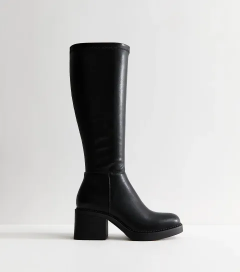 New Look Women's Black Stretch Faux Leather Square Toe Knee High Boots Vegan