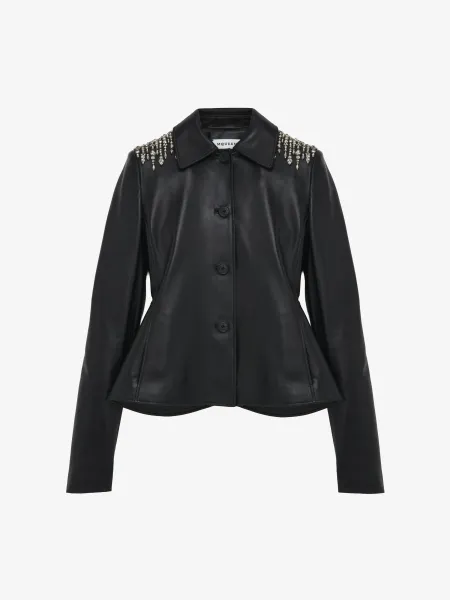 Crystal Embroidery Leather Peplum Jacket
