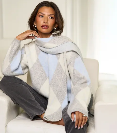Gini London Women's Multicolour Argyle Knit Scarf Jumper