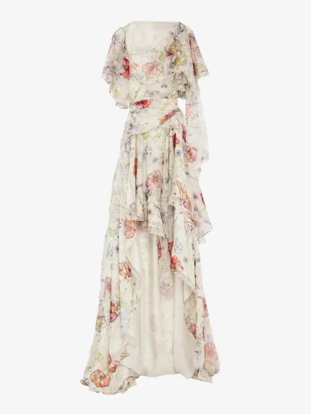 Meadow Floral Print Asymmetric Evening Dress
