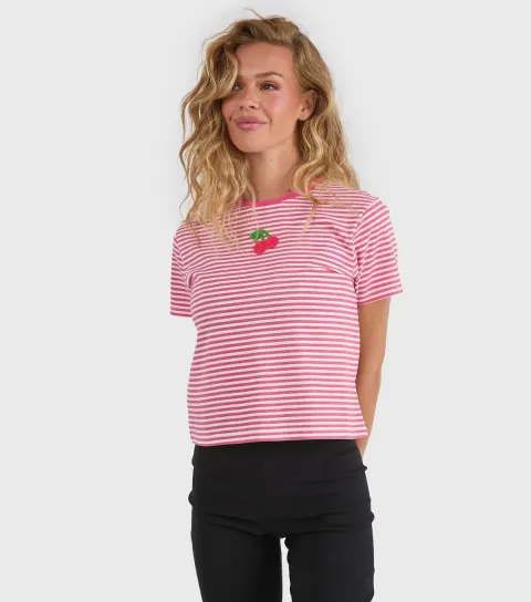 Women's Pink Cotton Striped Beaded Cherry Baby Tee
