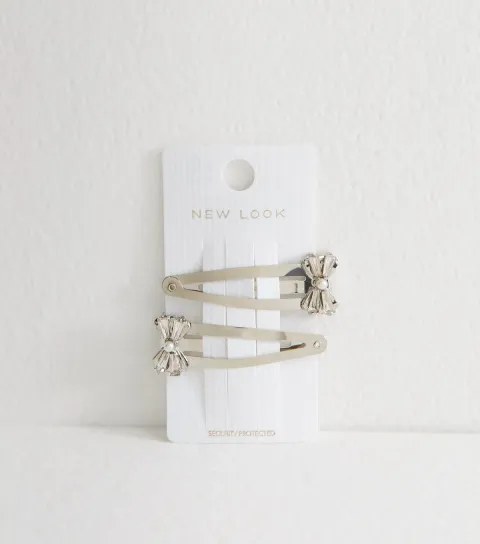 Pack of 2 Silver Metal Gem Embellished Bow Hair Slides
