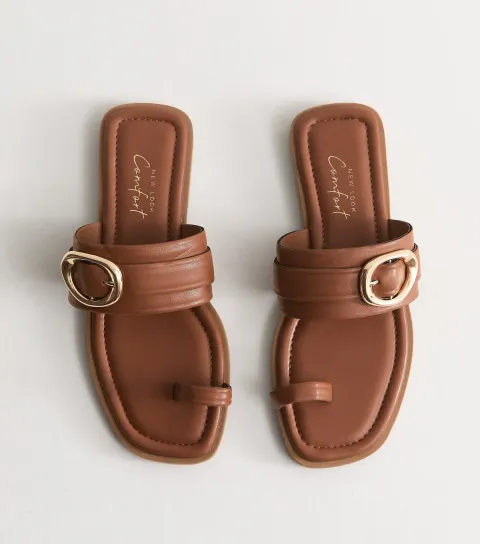 Women's Tan Faux Leather Toe Loop Buckle Strap Flat Sandals Vegan