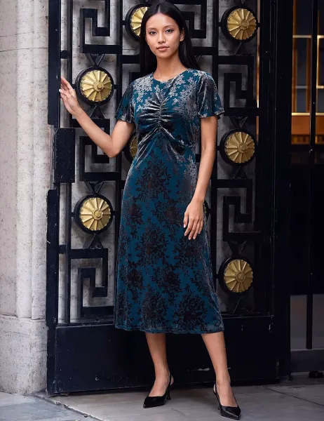 Roman Petite Devore Ruched Midi Dress Teal