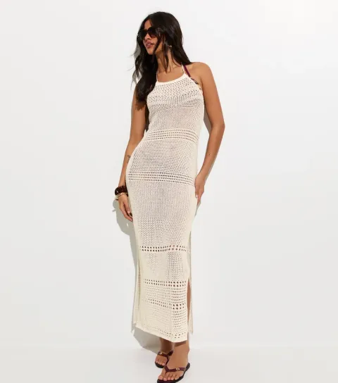 Women's Cream Crochet Halter Neck Beach Maxi Dress
