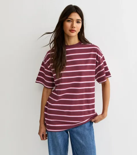 Women's Red Cotton Striped Oversized T-Shirt