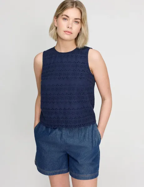 Finery London Pure Cotton Broderie Top Navy