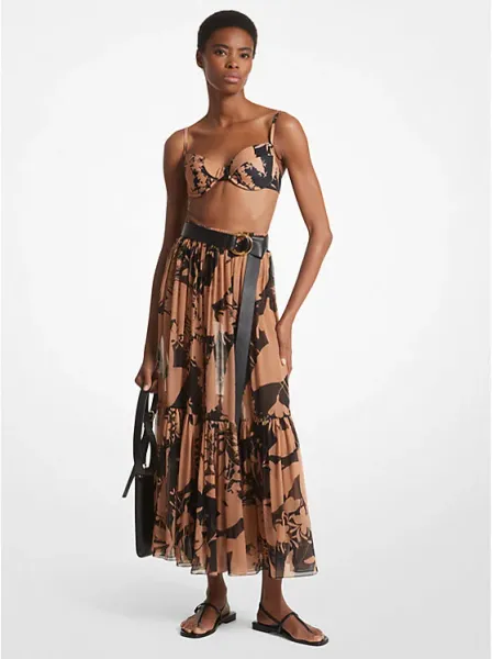 Michael Kors Shadow Floral Silk Chiffon Tiered Skirt