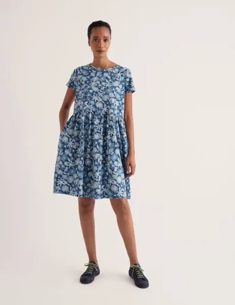 Pure Cotton Floral Knee Length Shift Dress Blue Mix