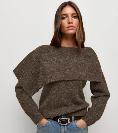 Women's Dark Mink Asymmetric Collar Bardot Knitted Jumper