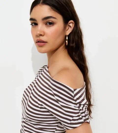 Women's Brown Cotton Striped Off the Shoulder T-Shirt