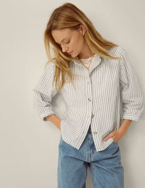Monsoon Pure Cotton Striped Button Through Blouse White Mix
