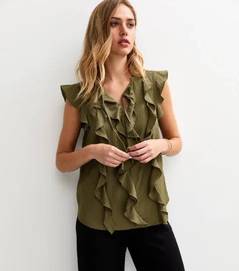 New Look Women's Dark Khaki Ruffle Front Tie Neck Top