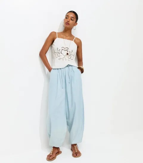 Women's Light Blue Denim Tapered Balloon Leg Trousers
