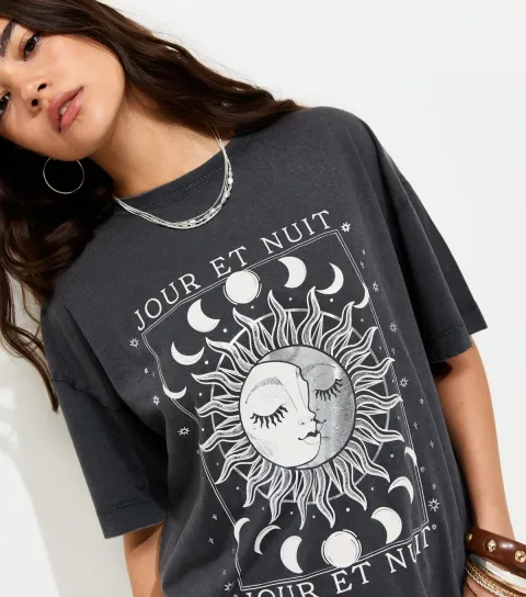 Women's Dark Grey Cotton Mystic Print Acid Oversized T-Shirt