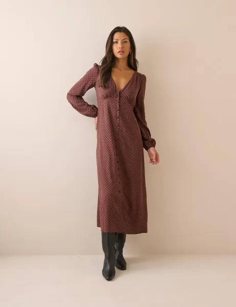 Nobody's Child Polka Dot V-Neck Midi Dress Dark Green