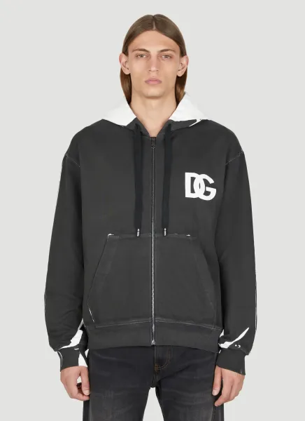 Distressed Logo Print Hooded Zip-Up Sweatshirt