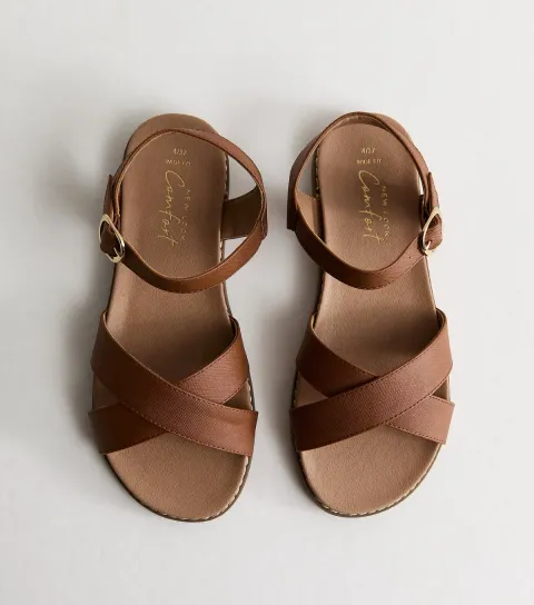 Women's Wide Fit Tan Cross Over Flat Sandals Vegan