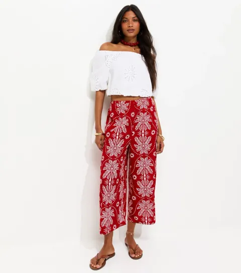 Women's Red Crepe Patterned Palm Tree Print Cropped Trousers
