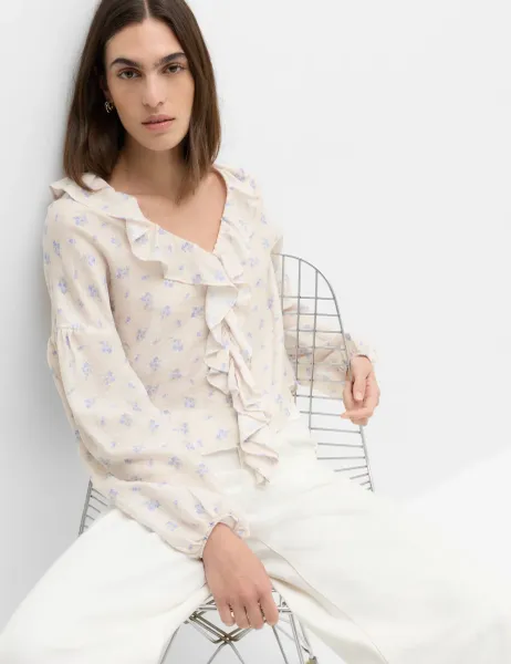 Marks & Spencer Lyocell Rich Floral Ruffle Detail Blouse Ivory Mix