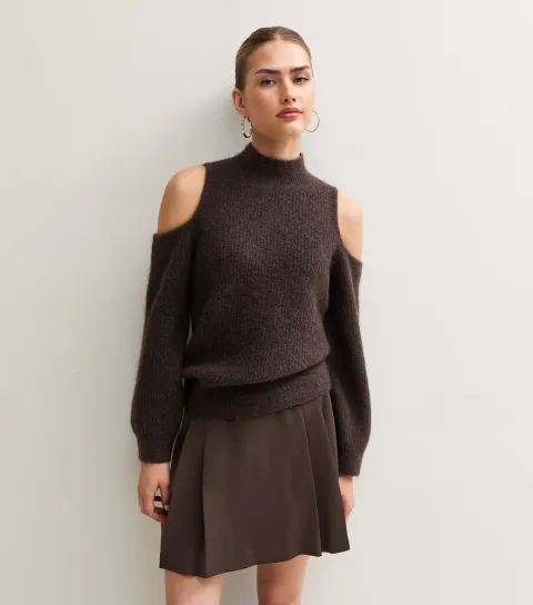 New Look Women's Dark Brown Woven Pleated Mini Skirt