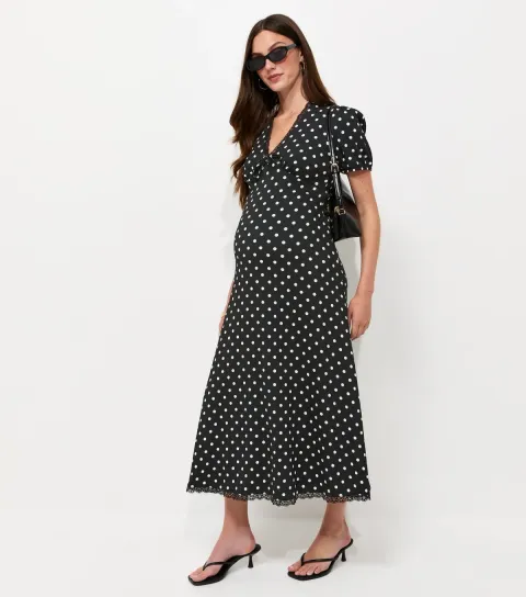 Women's Maternity Black Spot Print Lace Trim Midi Dress