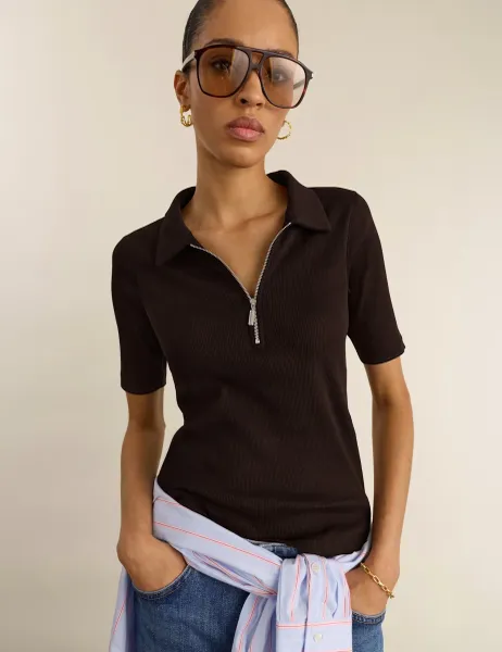 BAUKJEN Pure Cotton Ribbed Half Zip Top Brown