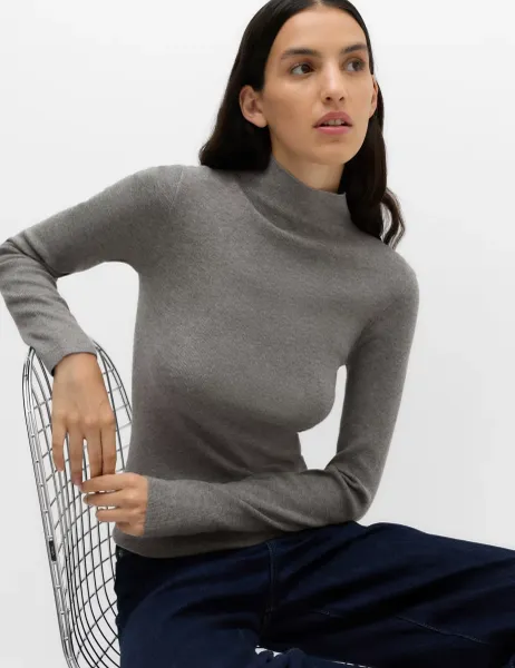 Marks & Spencer Funnel Neck Fitted Knitted Top With Wool Mid Grey Marl