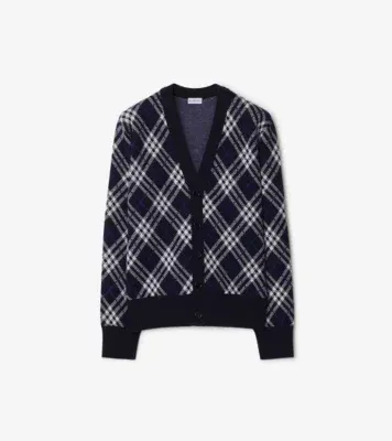 Check Wool Blend Cardigan in Ink blue