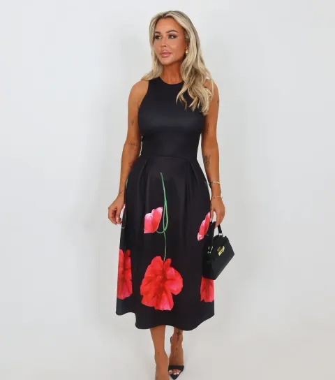 Women's Black Floral A-Line Midi Dress