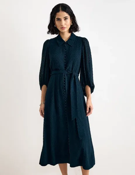Phase Eight Sheer Textured Belted Shirt Dress Teal