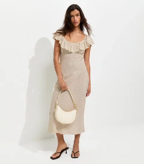 Women's Cream Spot Print Ruffle Trim Midi Dress
