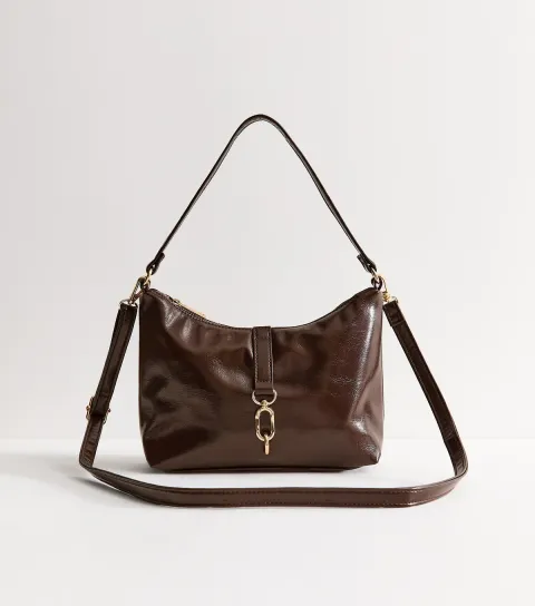 Dark Brown Patent Faux Leather Dual Strap Mini Shoulder Bag