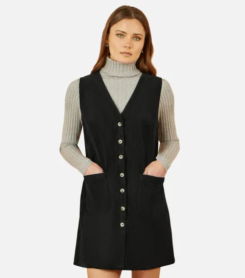 Women's Black Corduroy V-Neck Mini Dress