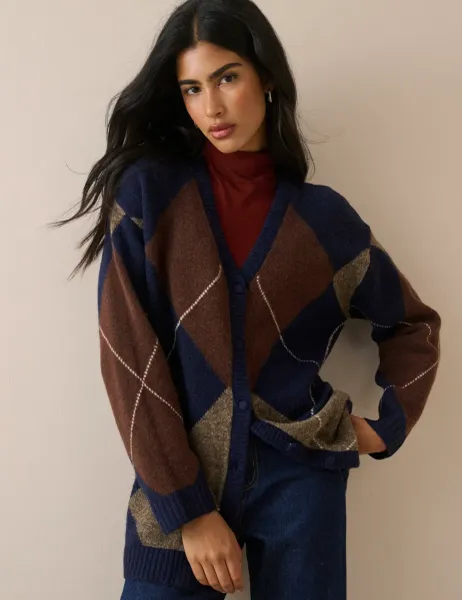 Nobody's Child Argyle V-Neck Longline Cardigan with Wool Multi