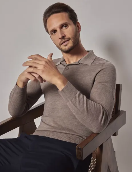 Hawes & Curtis Pure Wool Long Sleeve Polo Shirt Neutral