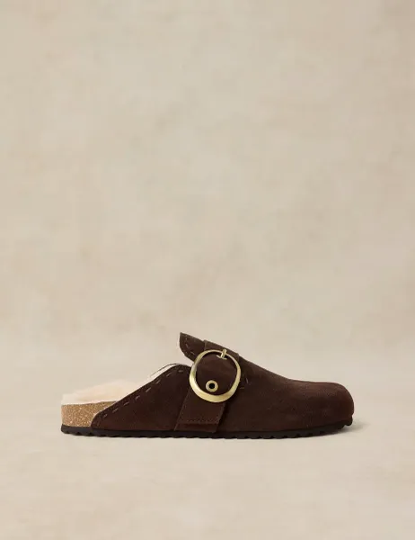 White Stuff Suede Faux Fur Lined Mules Brown
