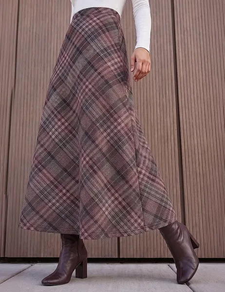 Roman Check Print Midi Skirt Burgundy Mix