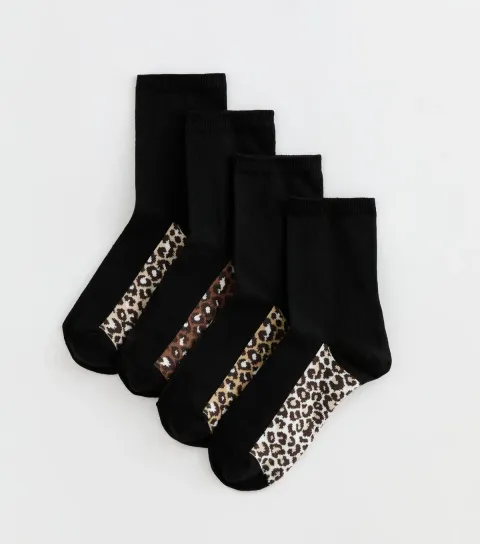 Pack of 4 Black Animal Patterned Sole Ankle Socks